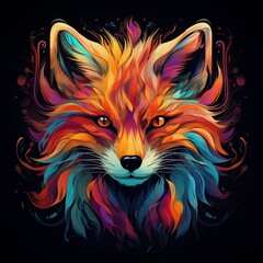 Colorful Design of Fox Head Isolated on Black Background. Generative AI