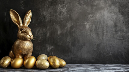 golden easter bunny with golden easter egg - obrazy, fototapety, plakaty