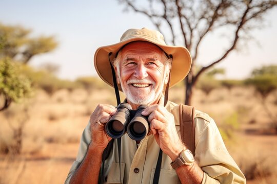 Senior man with binoculars in the Okavango Delta, Botswana