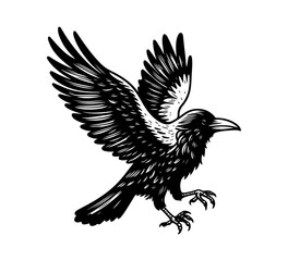 raven black and white illustration logo vector	