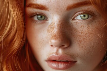 Portrait of a red-haired young girl with freckles. Hyperrealistic photo