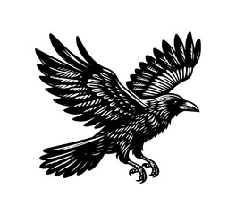 raven black and white illustration logo vector	