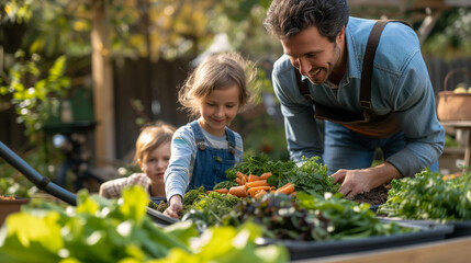 Families composting food waste, recycling food and reduce waste