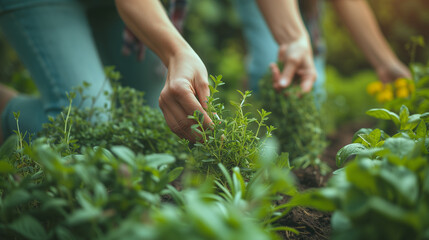 People picking herbs or veggies from a garden