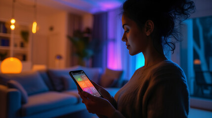 woman with mobile phone  monitoring home electricity usage with mobile apps - obrazy, fototapety, plakaty