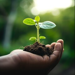 Holding a small green seedling in hand, this image captures the essence of nurturing growth and the promise of new life in the embrace of nature