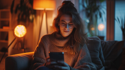 woman sitting on a sofa with mobile phone, people monitoring home electricity usage with mobile apps, people checking energy usage to save electricity bills, energy transition - obrazy, fototapety, plakaty