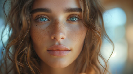 portrait of a woman with blue eyes and sparkles, portrait of a beautiful serious woman focused on the camera Confident female model with a calm sensual expression