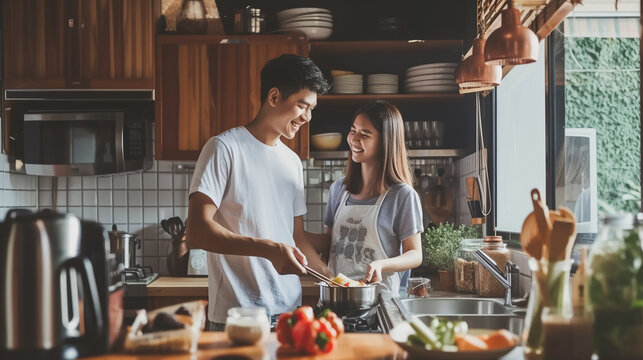 pareja de hombre y mujer asi&aacute;tica de pie desayunando en la cocina a primera hora de la ma&ntilde;ana con luz natural preparando comida.