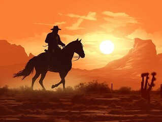 Cowboy riding on a horse in sunset