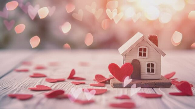 red hearts and Toys House on light defocused background. seamless looping time-lapse virtual 4k video animation background.