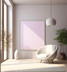 modern living room with sofa chair and frame in wall,vase with plant in it ,window, lamp,home interior design, couch, beige white and violet ,sun light,mockup