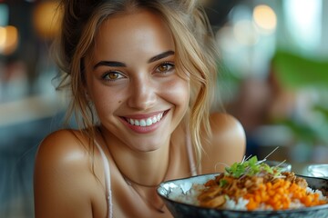 Freude am Essen: Strahlende Frau mit gesundem Mahl