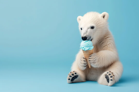 Cute little polar bear with ice cream on blue background with copy space.
