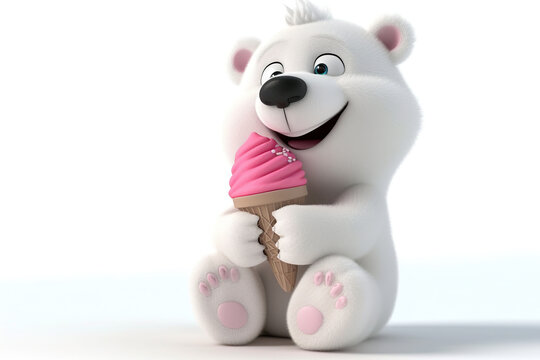 Cute cartoon little polar bear with ice cream on white background with copy space.