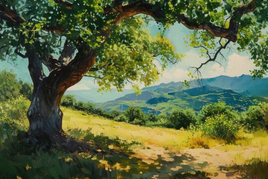 Painting of a tree in a field with mountains in the background
