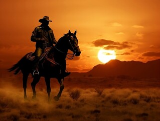 Cowboy riding on a horse in sunset