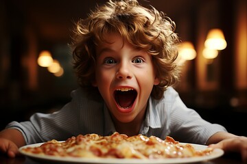 Funny little boy eating pizza in a restaurant. Close up