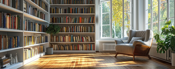 Bookshelves with armchair in modern interior of room , Living room, relax, Library or bookcases , Reading place