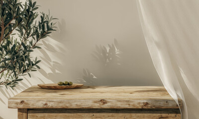 Natural wooden table and organic cloth with olive tree plant. Product placement mockup design background. Outdoor summer scene with rustic vintage countertop display.