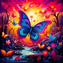 Magic Butterfly With Flowers Multicolor