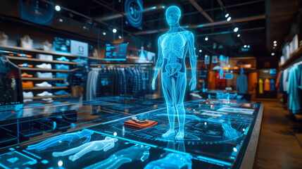 Young woman shopping store with virtual reality futuristic of products in modern shopping center