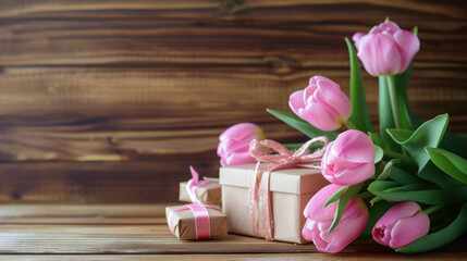 Celebrate Mother's Day with the beauty of spring, as pink tulips grace white rustic wooden boards