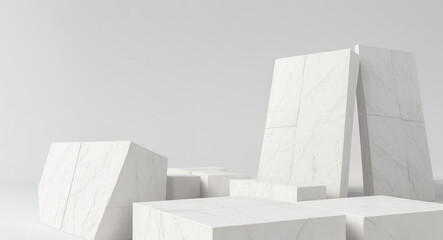 Product placement setting podium rough white stone slabs. Stone podium for display product. Background for cosmetic product branding, identity and packaging inspiration.