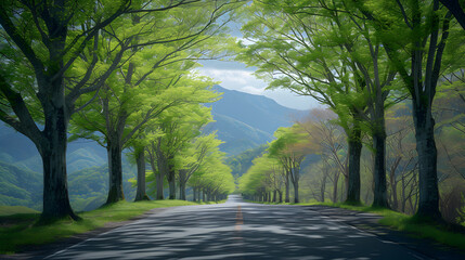 Obraz premium A tree-lined country road with a blue sky and green grass on either side.