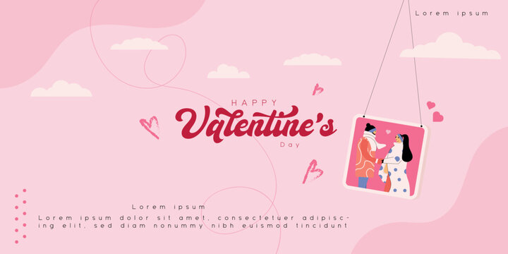 Happy Valentine's day with pink sky Horizontal banner  sale template poster  and couple photo frame design vector illustration.