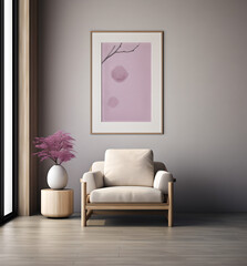modern living room with sofa chair and frame in wall,vase with plant in it ,home interior design, couch, beige white and violet ,sun light,mockup,Sakura (Cherry Blossoms)