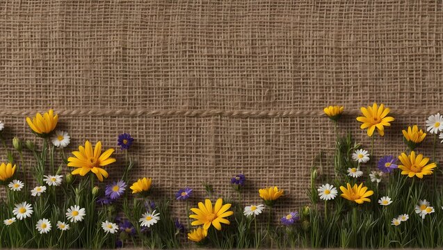Flowers embroidered on burlap. Vintage, rustic style. Holiday, wedding, engagement concept. Background for design, print, postcard, banner, textile, advertising, with copy space for text