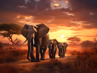 Fototapeta na wymiar Elephants family walking in sunset
