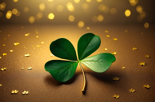 St. Patrick's Day: A Four-Leaf Clover Resting on a Brown Surface Amidst Golden Illumination - 3D Illustration