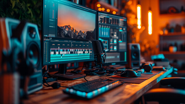 Closeup Of Desktop Computer Setup With Video Editing Software And Audio Microphones On Desk.