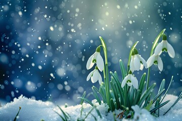 Snowdrops piercing through snow, a sign of spring's arrival. nature's resilience captured. serene winter beauty. AI