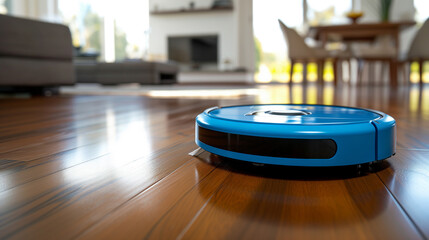 Automated robot cleaning vacuum on a hardwood floor.