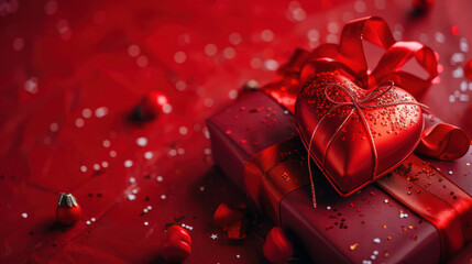  Kraft gift box enhanced by a stunning red ribbon, copyspace, topview