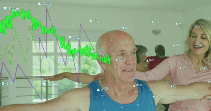 Image of data processing over diverse group of seniors exercising