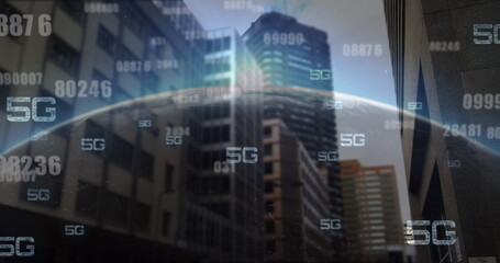 Image of numbers changing and 5g text over modern cityscape
