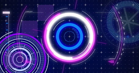 Image of scopes scanning and data processing over screen on blue background