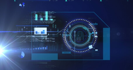 Image of scope scanning and data processing over screen on blue background