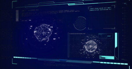 Image of globe, scope scanning and data processing over screen on blue background