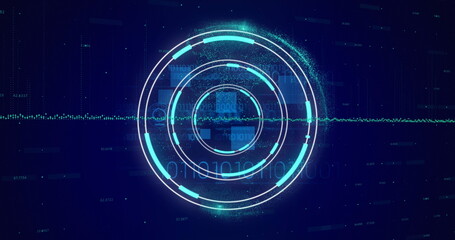 Image of scope scanning and data processing over binary coding on blue background