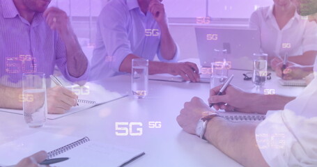Image of 5g text, scopes scanning and data processing over businessmen in meeting