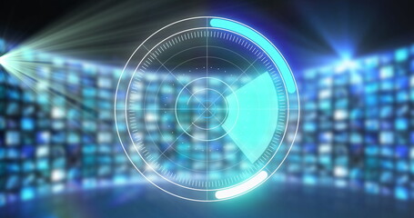Obraz premium Image of scopes scanning and data processing over rows of digital screens