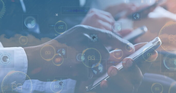 Image of 6g text, scopes scanning and business people using electronic devices