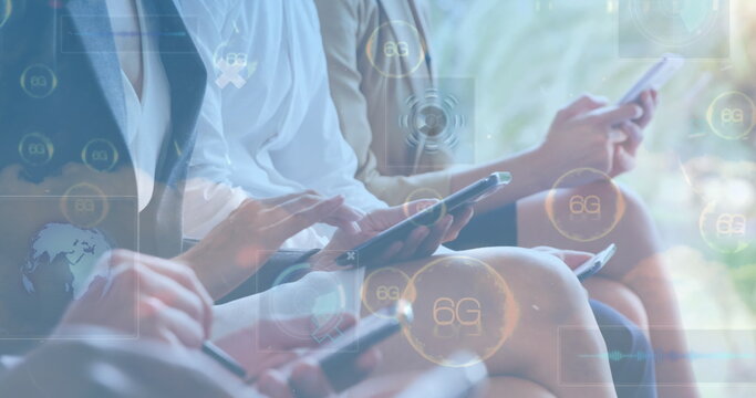 Image of 6g text, scopes scanning and business people using electronic devices