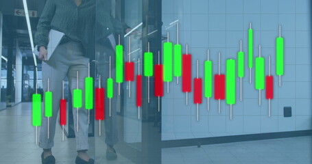 Image of data processing over biracial businesswoman working in office
