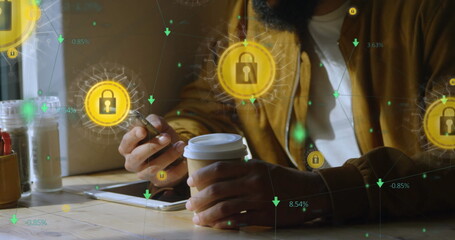 Image of network of digital icons over man using smartphone